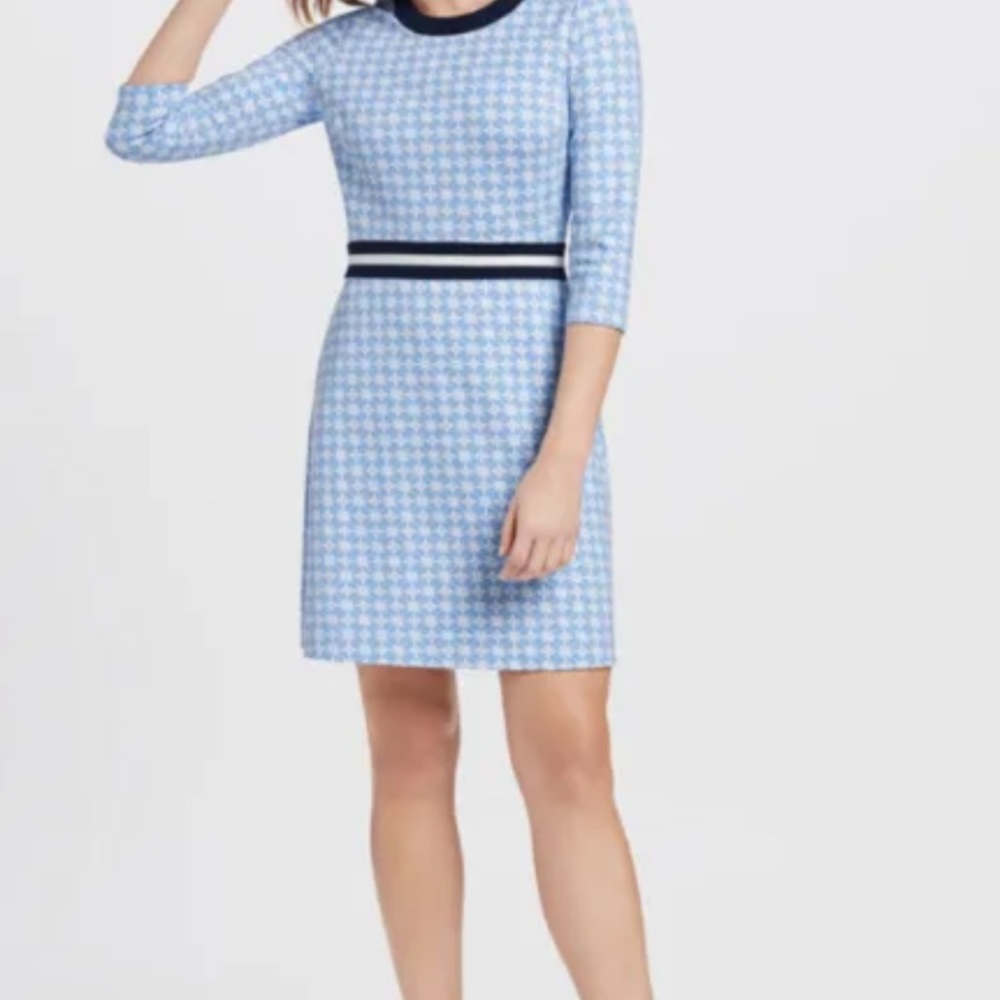 Draper James Light Blue Houndstooth Mini Dress with Navy Trim